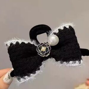 Black Bow Hair Clip with Pearl Accent